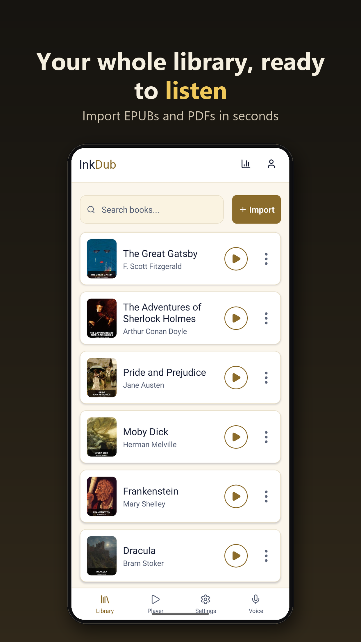 InkDub library screen with imported books ready to play
