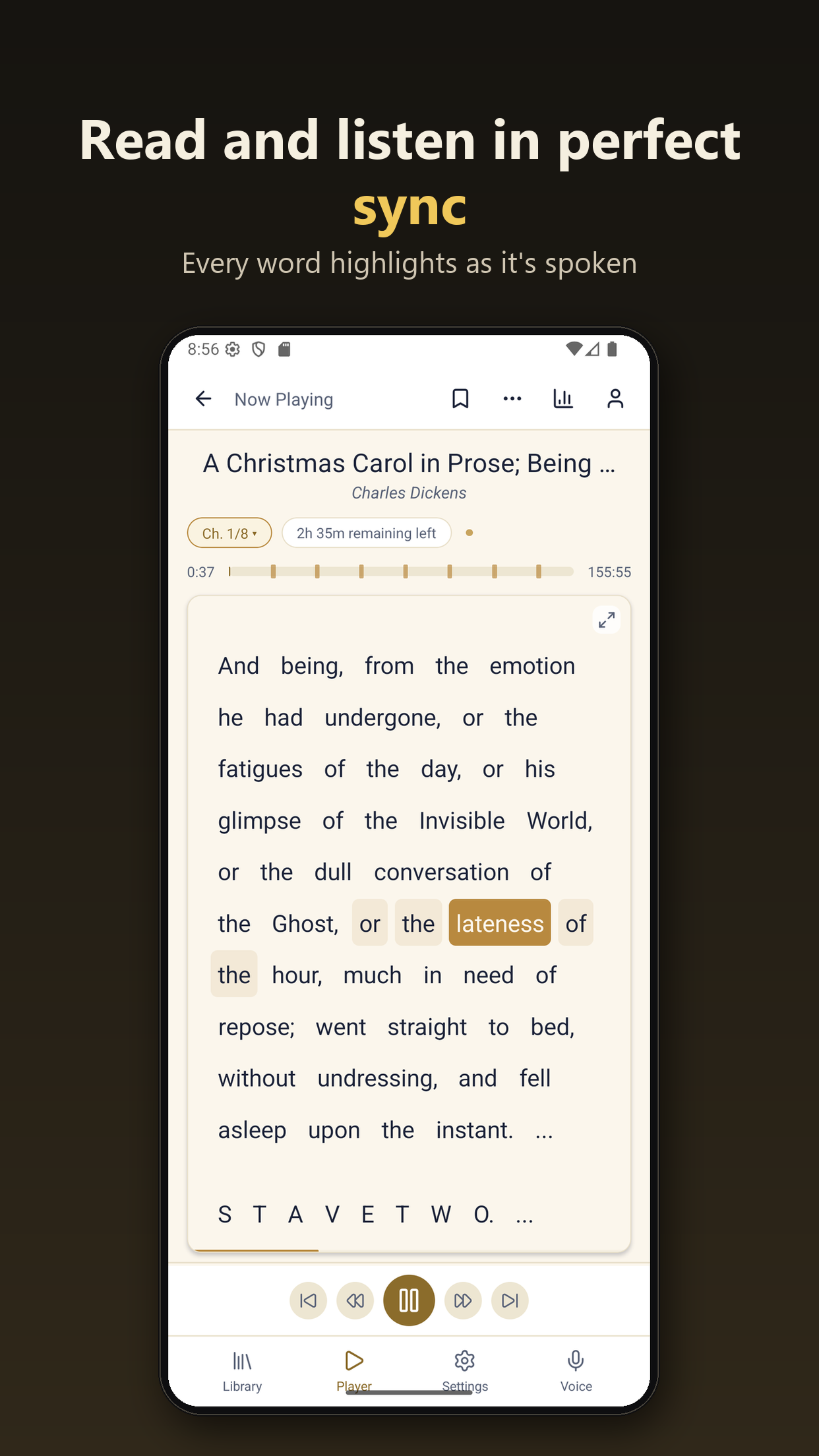 InkDub player narrating a book while highlighting each word in sync