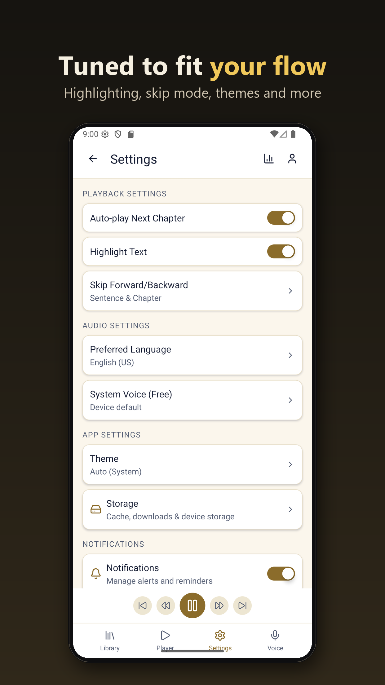 InkDub settings screen with voice and theme options